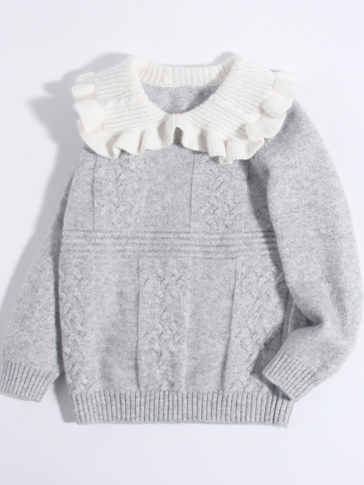 Girls Light Gray Cable Knit Cashmere Sweater with Ruffled Collar